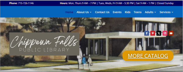 screenshot of a library global header with row for library phone number and hours row for website menu, and a row with the library logo, social media icons, and button for the online catalog