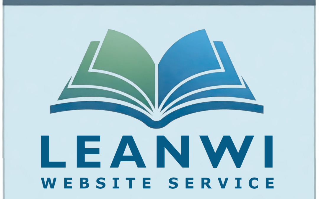 LEANWI website service logo with an open book with green and blue pages displayed in a computer browser screen.