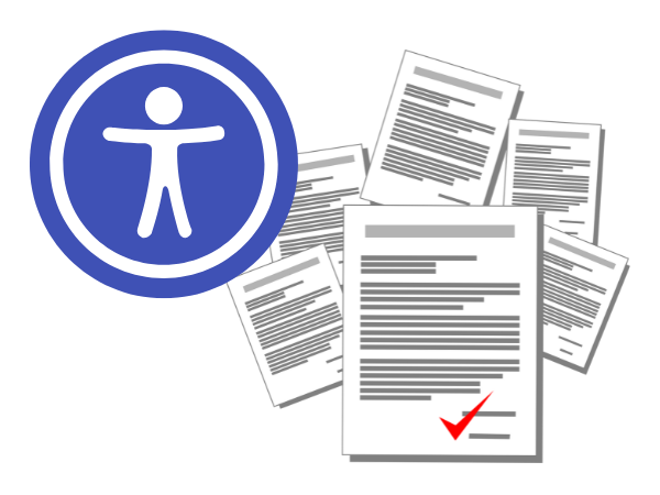 several written documents approved with a red checkmark displayed with blue website accessibility logo