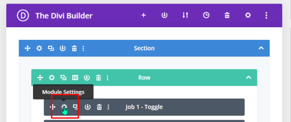 screen shot of Divi wireframe webpage hovering over the gear icon for editing a toggle module