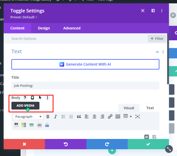 screenshot of the divi toggle module editor highlighting the add media button 