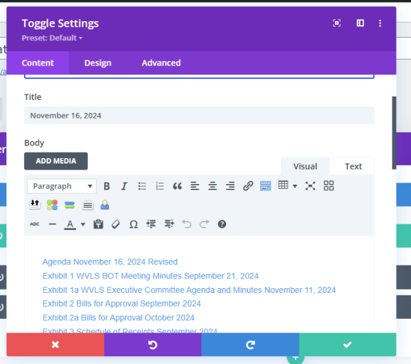 screenshot of divi toggle module with list of hyperlinked media documents