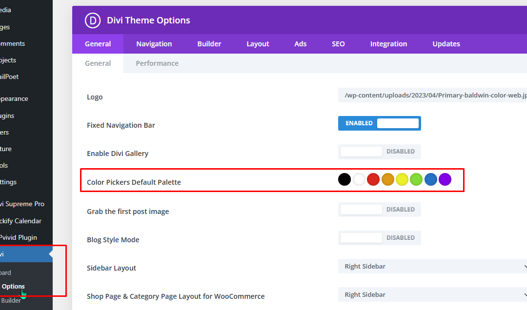 Setting a default site color palette