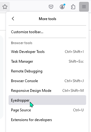 screenshot of Firefox menu highlighting the eyedropper tool