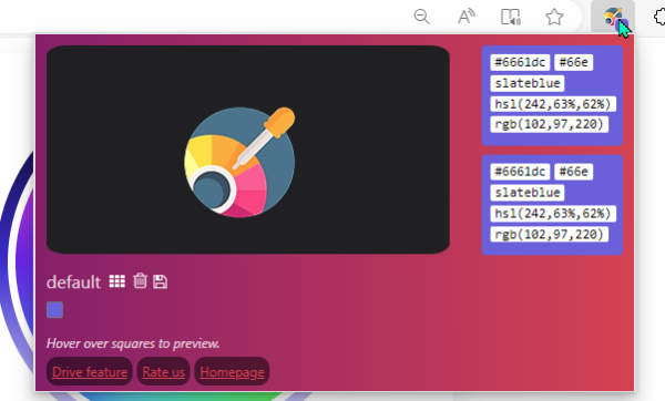 screenshot of Hex Color Picker webbrowser extension active in Edge browser