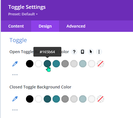 screenshot of a Toggle module settings menu with the design tab highlighted and the toggle color selector displaying the customized divi theme color palette