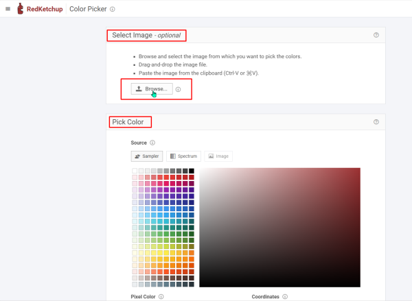 screenshot of redketchup.io/color-picker with options for identifying colors outlined in red boxes