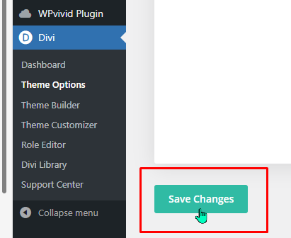 screenshot of the save changes button outlined in a red box in the divi theme options menu