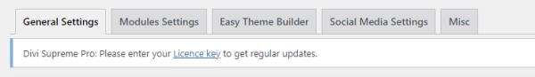 screen shot of divi supreme pro license error on divi supreme pro dashboard