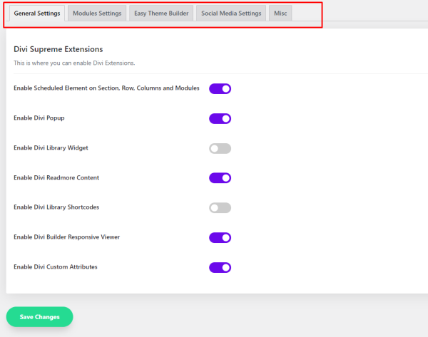 screenshot of main Divi Supreme Pro dashboard with some settings toggled on and some toggled off