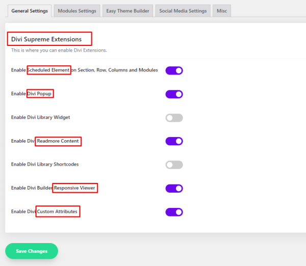 screenshot of the divi supreme pro extensions menu with schedule elements, popup, readmore content, responsive viewer, and custom attributes extensions highlighted and toggled to on