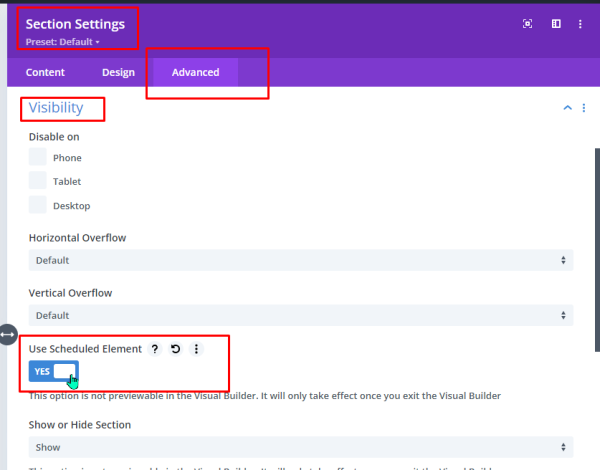 screenshot of Divi section settings with the advanced tab selected displaying the scheduled element option in the visibility menu