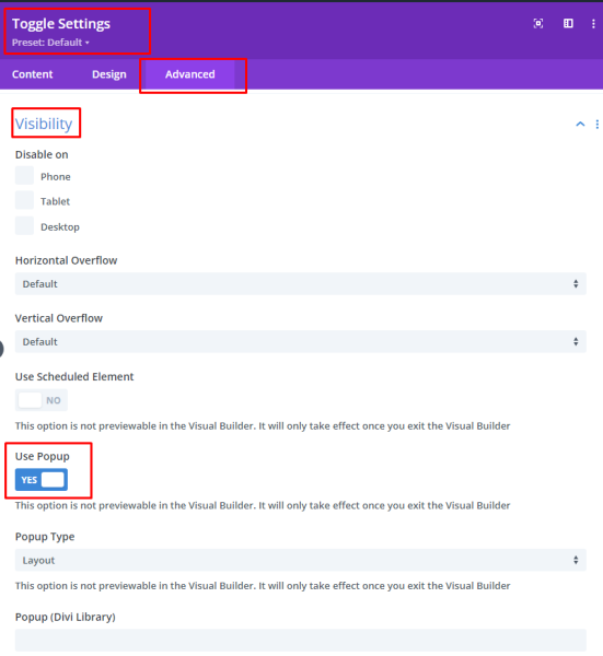 screenshot of Divi section settings with the advanced tab selected displaying the popup option in the visibility menu