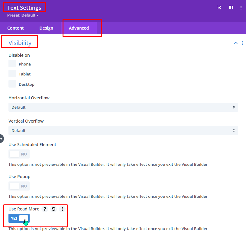 screenshot of Divi section settings with the advanced tab selected displaying the Read More option in the visibility menu