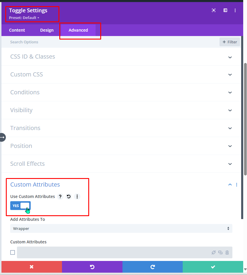 screenshot of Divi section settings with the advanced tab selected displaying the custom attributes menu turned on