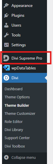 screenshot of WordPress menu with divi supreme pro outlined with red box