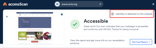 screenshot of initial accessibe.com/accesscan results page showing an accessibility improvement system specifically UserWay detected during scan results