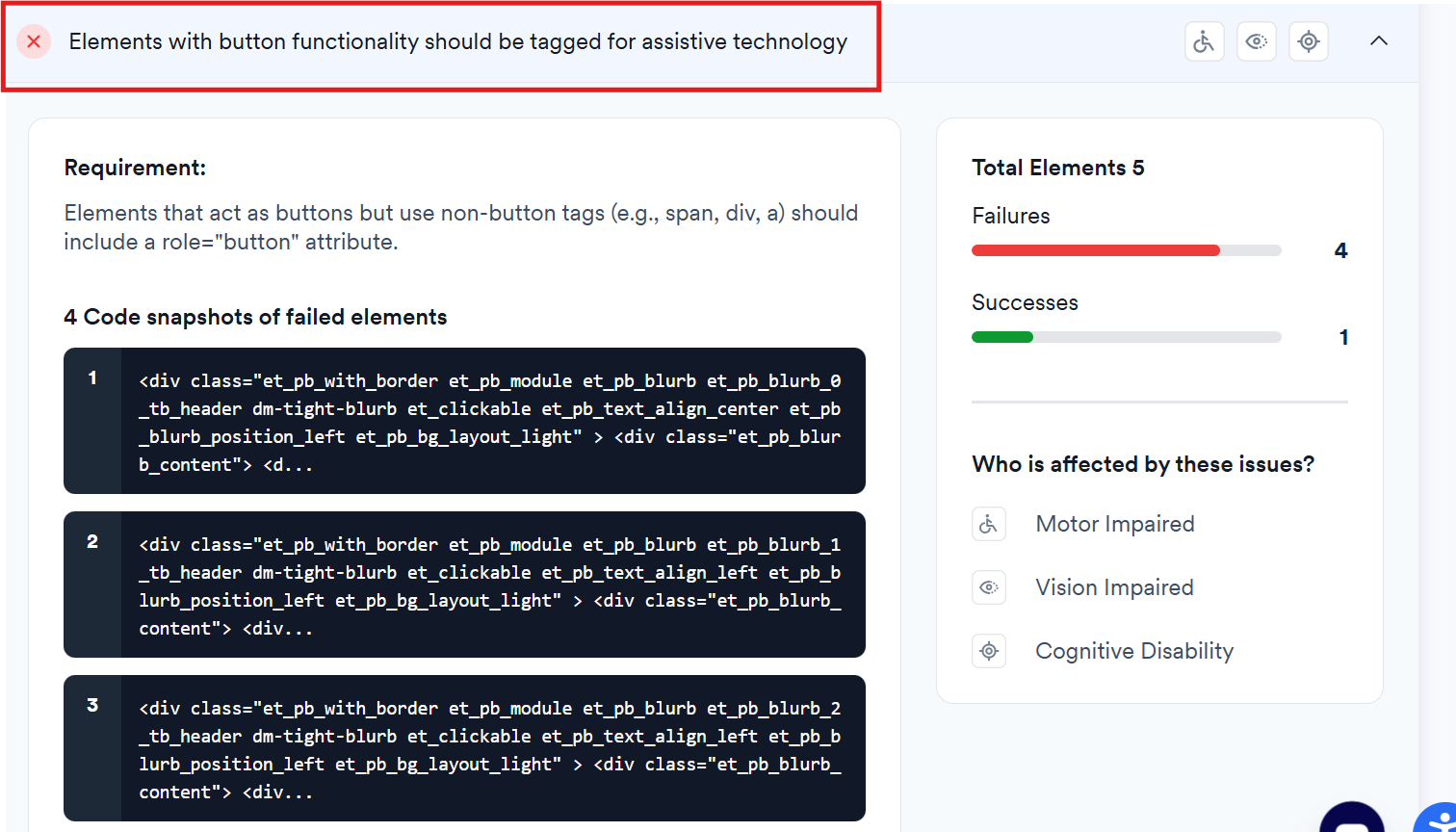 screenshot of access scan error elements with button functionality should be tagged for assistive technology outlined in red the element requirement stating elementst hat act as buttons but use non-button tags (e.g., span, div, a) should include a role= 