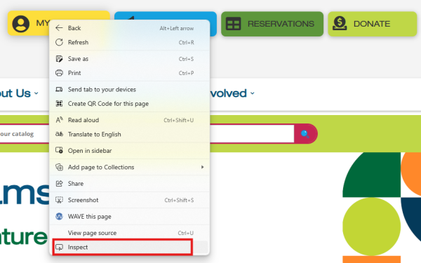 screenshot of the front of a webpage with the right click menu open and inspect option outlined in red