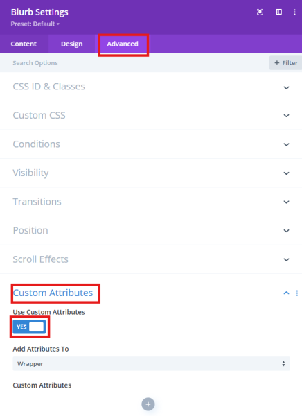 screenshot of the divi blurb module settings with the advanced tab selected and outlined in red and the custom attributes option outlined in red with use custom attributes toggled to yes