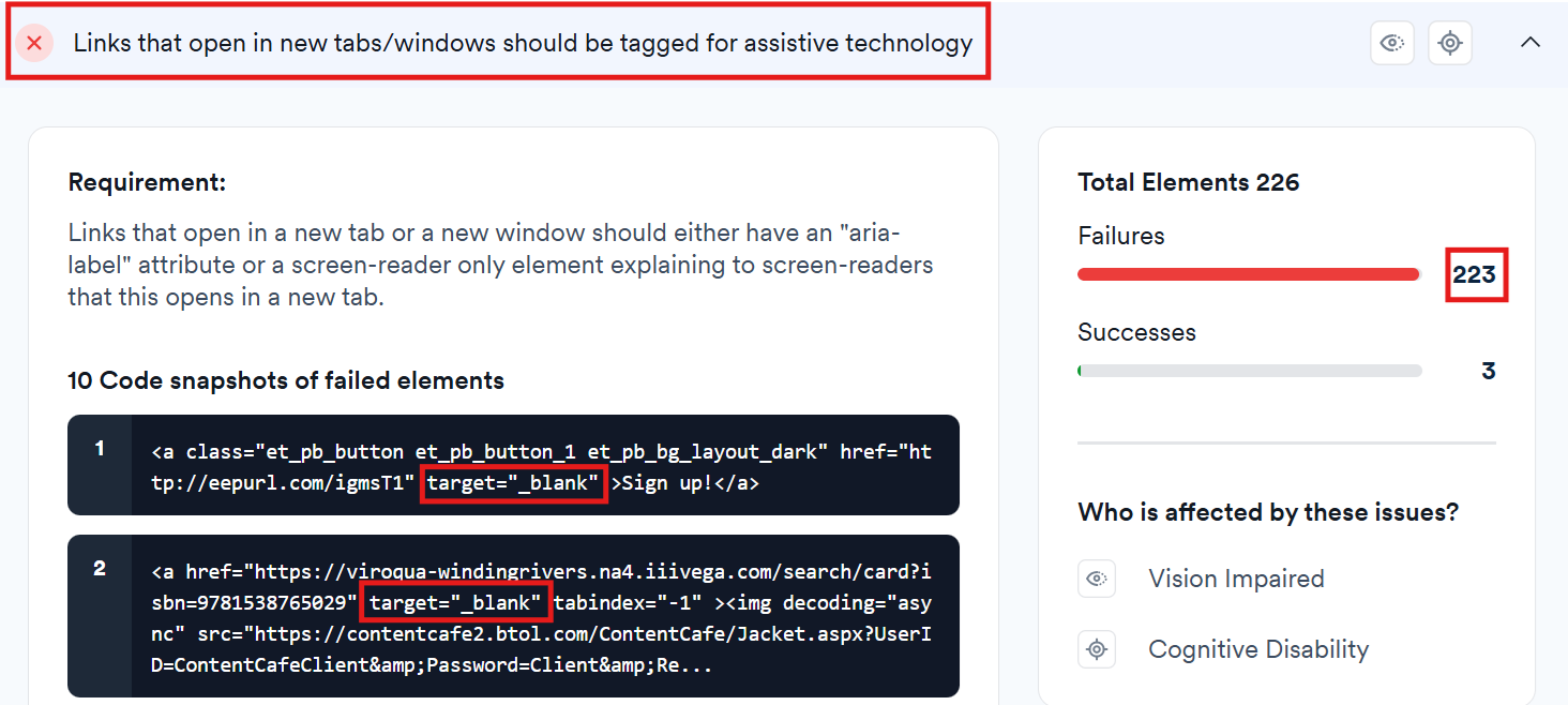 screenshot of access scan error links that open in new tabs or windows should be tagged for assistive technology outlined in red the element requirement stating links that open in a new tab or a new window should either have an 