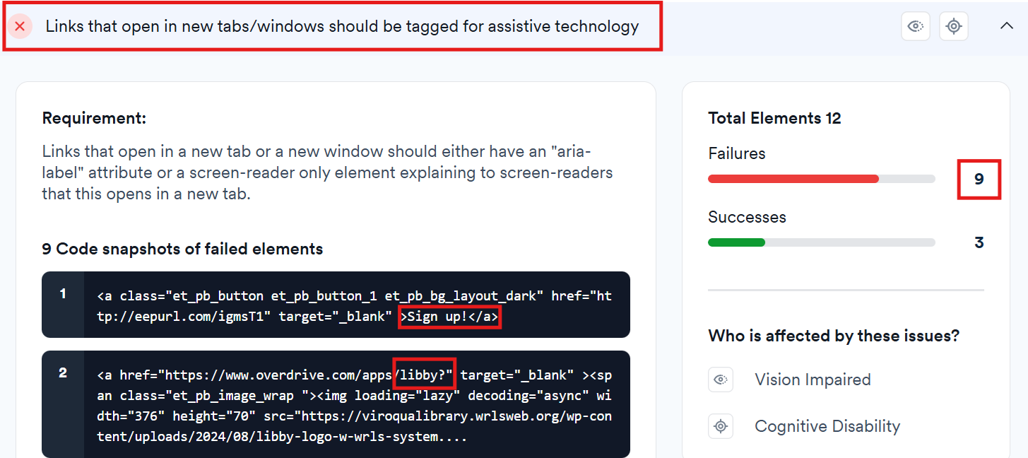 screenshot of access scan error links that open in new tabs or windows should be tagged for assistive technology outlined in red the element requirement stating links that open in a new tab or a new window should either have an 