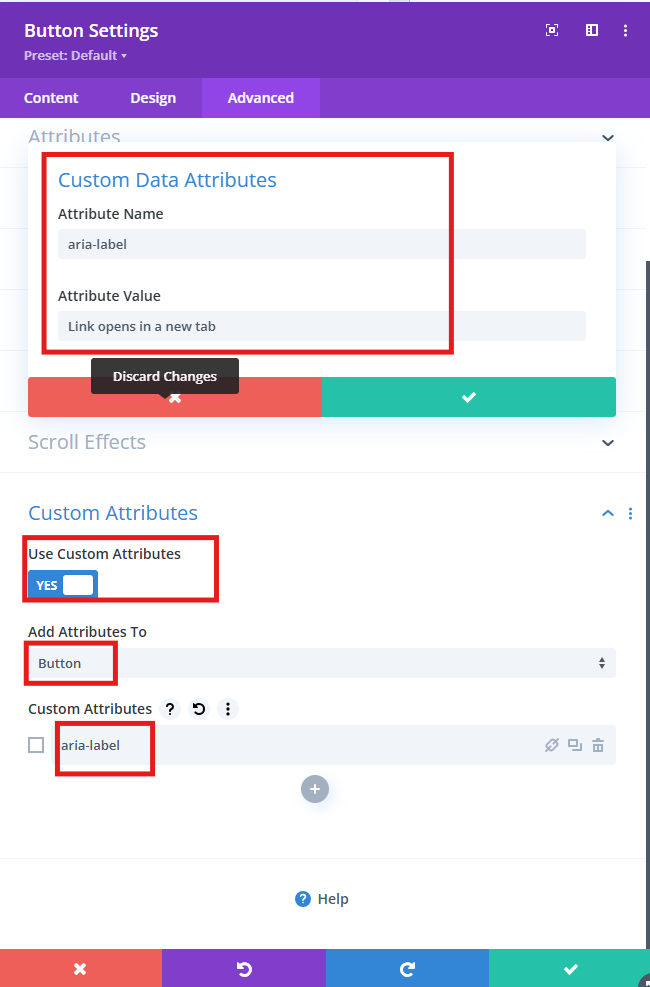 screenshot of divi button module settings with the advanced tab selected and custom data attributes fields open indicating adding attribute to button with the custom attribute aria-label and attribute name with aria-label inputted and outlined in red and attribute value links open in new tab inputted and outlined in red