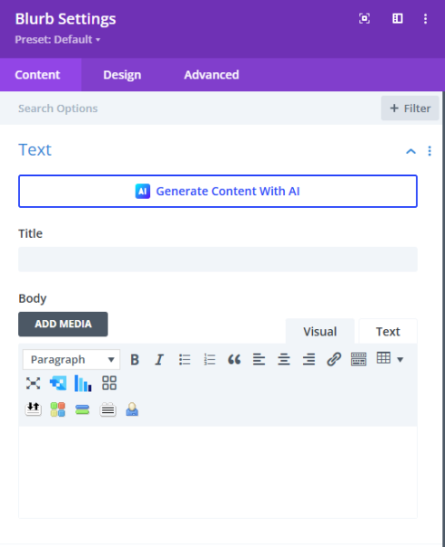 screenshot of a divi blurb module settings with the content tab selected