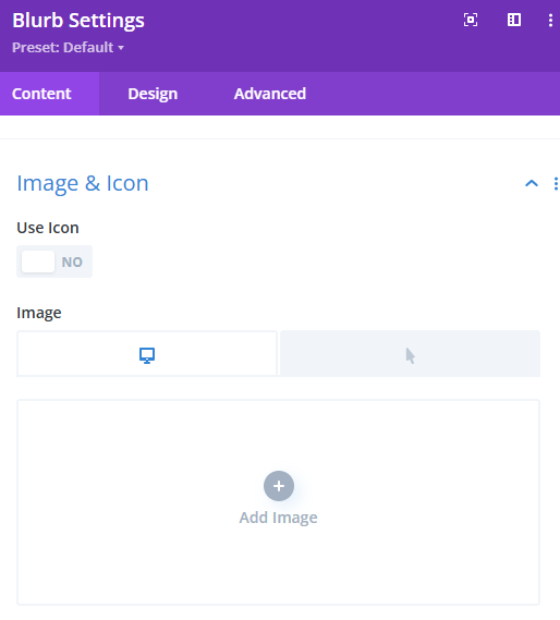 screenshot of a divi blurb module settings with the content tab selected and the image and icon settings expanded and empty