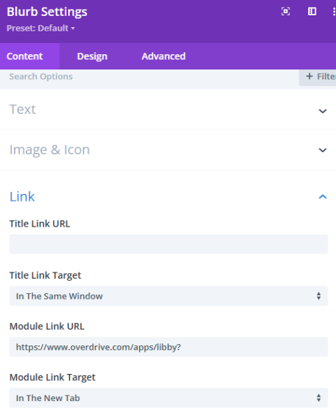 screenshot of a divi blurb module settings with the content tab selected and the link settings expanded and the www.overdrive.com/apps/libby URL added to the Module Link URL field