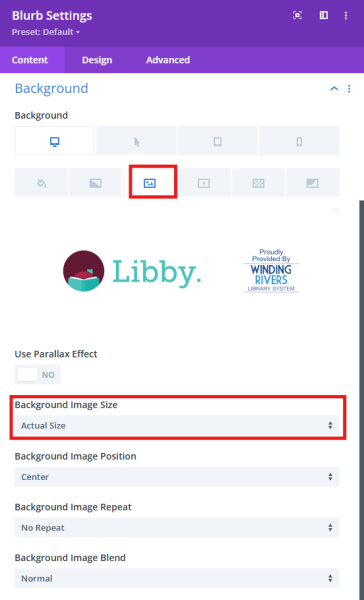 screenshot of a divi blurb module settings with the content tab selected and the background settings expanded with the image option outlined in red and a libby logo image added to the background area