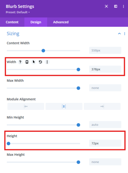 screenshot of a divi blurb module settings with the design tab selected and the sizing settings expanded and width field outlined in red with a 378 pixel value entered and the height field outlined in red with 72 pixel value entered