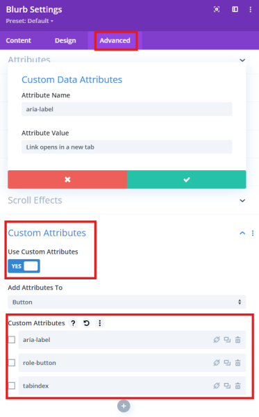 screenshot of divi blurb module settings with the advanced tab selected and custom attributes fields expanded and toggled to on selections include button inputted into add attributes to field and three custom attributes as follows aria-label role-button and tabindex for custom data attributes fields attribute name is aria-label and attribute value is link opens in new tab 