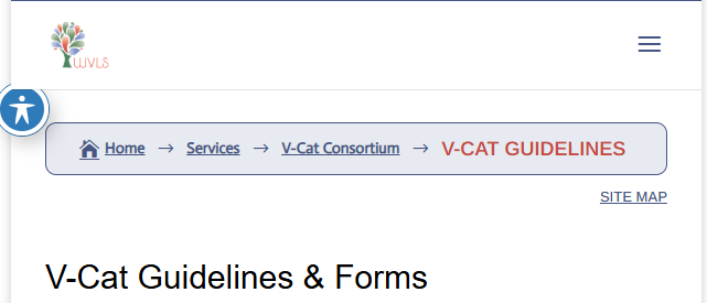 screenshot of top of website featuring breadcrumbs menu showing the site navigation from home to services to v-cat consortium to v-cat guidelines justified to the right and a link to a site map justified to the left of the breadcrumbs menu