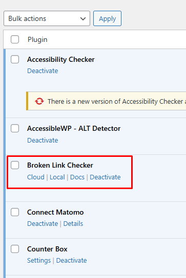 detailed screenshot of the broken link checker plugin on the plugins page of a website's wordpress dashboard.