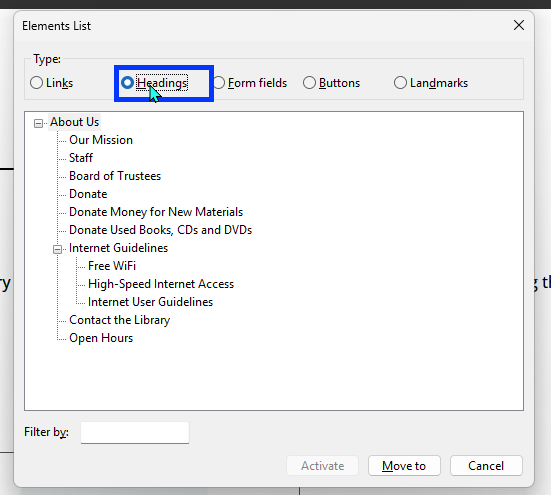 NVDA dialog box titled 