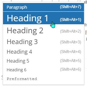 A dropdown menu listing paragraph and heading options, with 