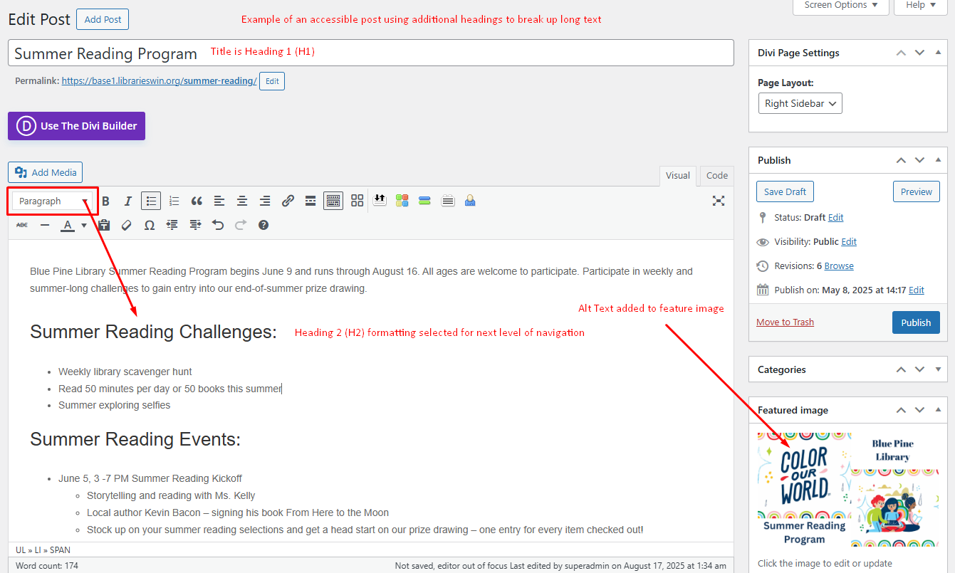 Screenshot of a blog post edit interface showcasing the use of headings and alt-text annotations.