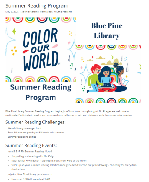 Blog post for the Blue Pine Library Summer Reading Program with colorful graphics and event details utilizing Heading 2 structure within the post.