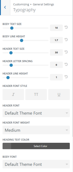 WordPress typography customization menu with sliders for text size and line height, font style options, and color selection.