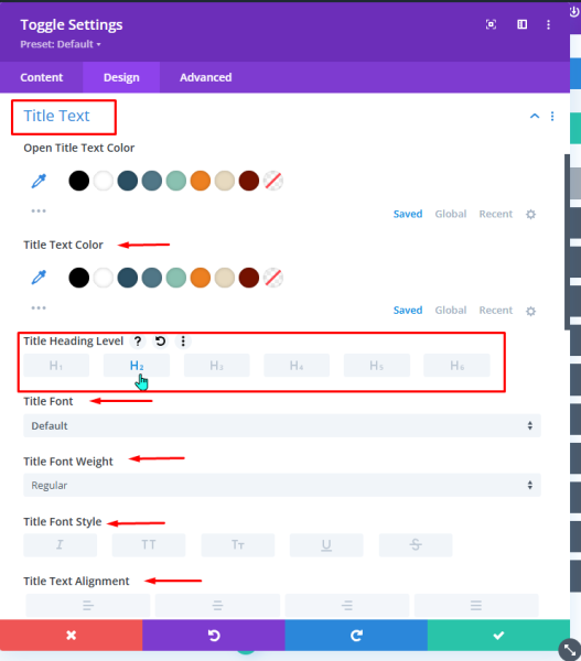 User interface of Divi's title text customization settings showing color palette, heading levels, font options, and alignment.
