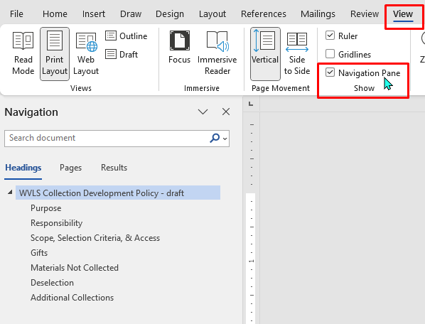 Screenshot of Microsoft Word with the View tab open and the Navigation Pane enabled.