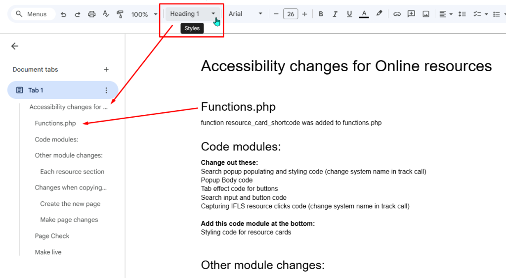 Screenshot of Google Docs editor showing a headings and the navigation pane for a document on code changes for accessibility settings for online resources.