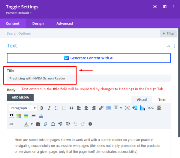 Divi Toggle module settings interface the Title Text field in the Content tab highlighted indicating text entered in this field will be impacted by changes made to the headings style in the Design tab.