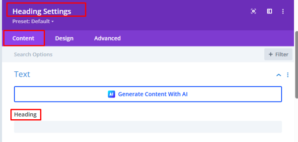 Screenshot of a Divi Heading module with Heading Text field in the content tab highlighted.