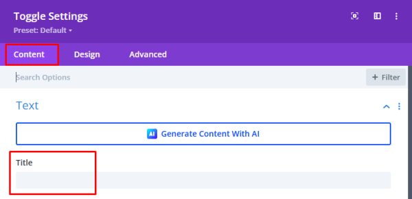Screenshot of a Divi Toggle module with the Title Text field in the content tab highlighted.