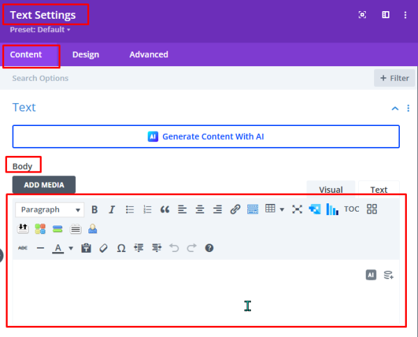 Screenshot of a Divi text module with the Body text block section highlighted in the Content tab.
