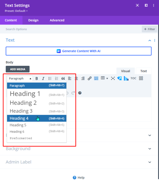 Screenshot of a Divi text module with the text styles dropdown menu highlighted in the Body text block section of the content tab.