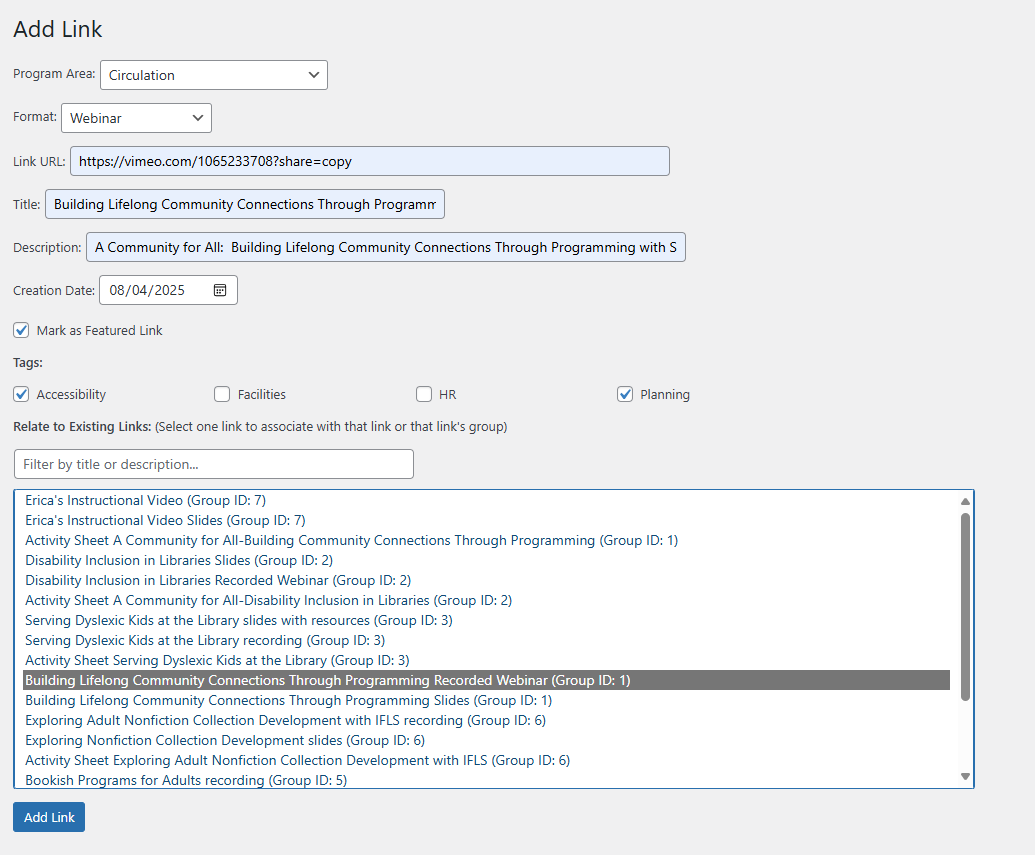Screenshot of an "Add Link" form with various fields and options for linking a webinar program.