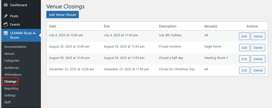 A dashboard interface showing a table of venue closings with dates, descriptions, and action buttons.